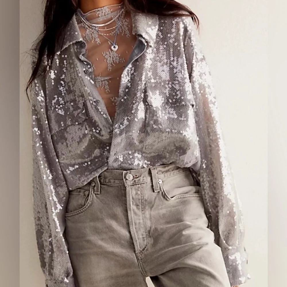 NWOT Free People Disco Margarita Button down Size Small in Silver